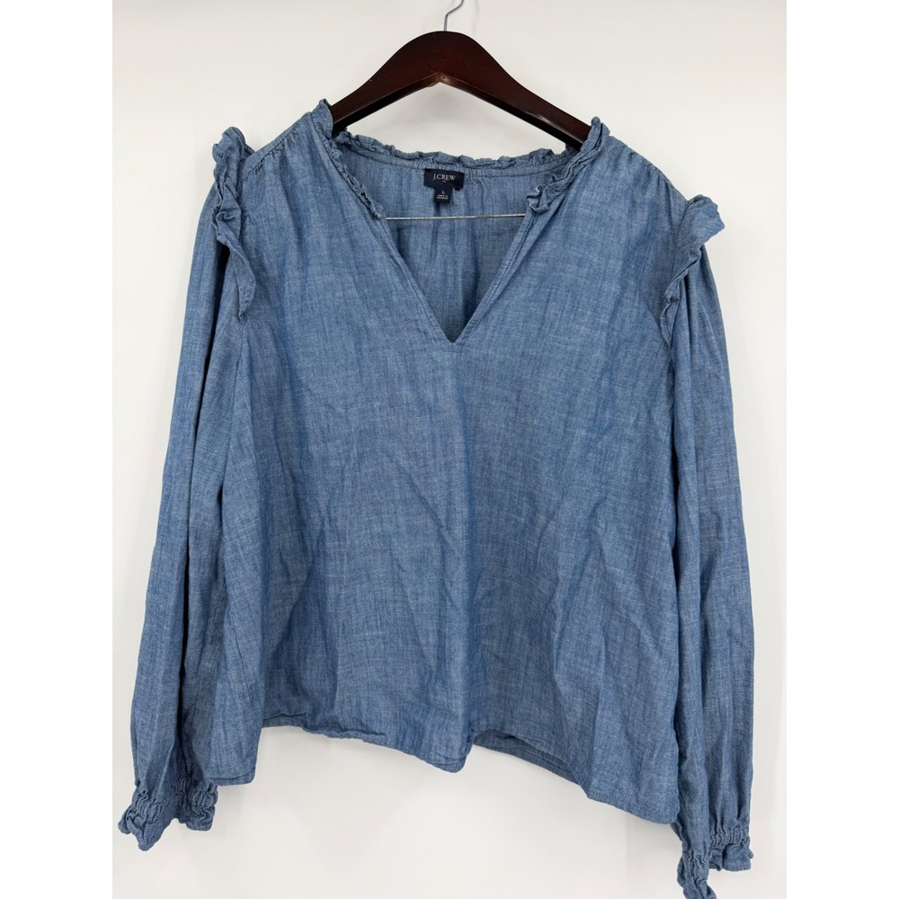J.Crew Blue Chambray Ruffle V-Neck Blouse Long Sleeve Smocked Cuff Top Large